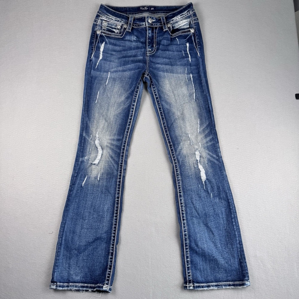 Miss Me Mid-Rise Bootcut Jeans 28x32 Cowgirl Distressed Fade Skull Western Rodeo - Picture 2 of 10